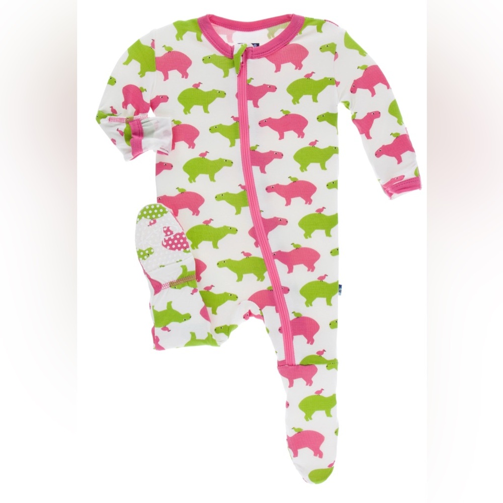 Kickee Pants size 6-9 months pink and green capybara carpincho footies